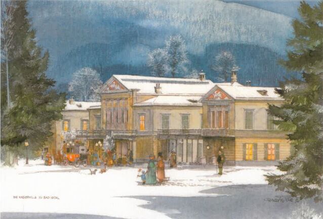 Gezeichnetes Billet von der Kaiservilla im Winter.